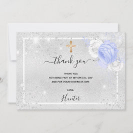 Tarjeta De Agradecimiento Bautizo plata brillo flores azules foto niño