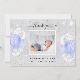 Tarjeta De Agradecimiento Bautizo plata brillo flores azules foto niño