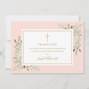 Tarjeta De Agradecimiento Bautizo Verde Dorado y Rosa Blush Foto