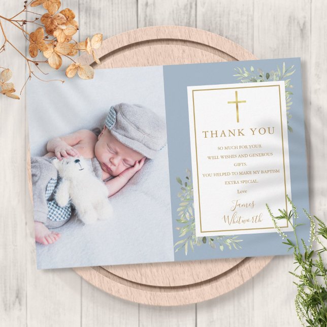 Tarjeta De Agradecimiento Bautizo Verde Foto Niño Azul (Baptism Christening Greenery Photo Blue Boy Thank You Card)
