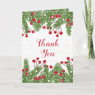 Tarjeta De Agradecimiento Bayas rojas, pinos, Navidades de nieve Gracias