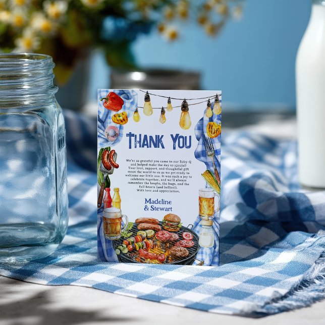 Tarjeta De Agradecimiento BBQ Rusa Verano Blue Plaid Baby-Q Shower (Rustic BBQ Summer Blue Plaid Baby-Q Shower Thank You Card)