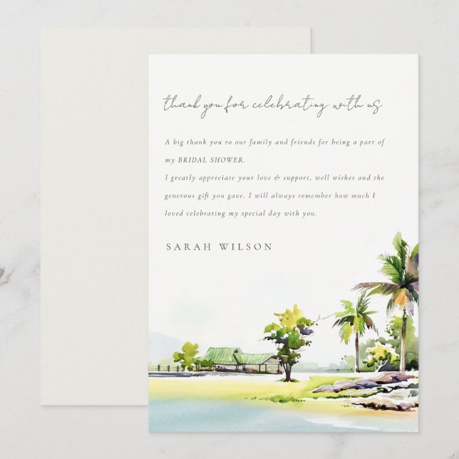 Tarjeta De Agradecimiento Beach Coastal Palm Tree Watercolour Bridal Shower (Anverso / Reverso)