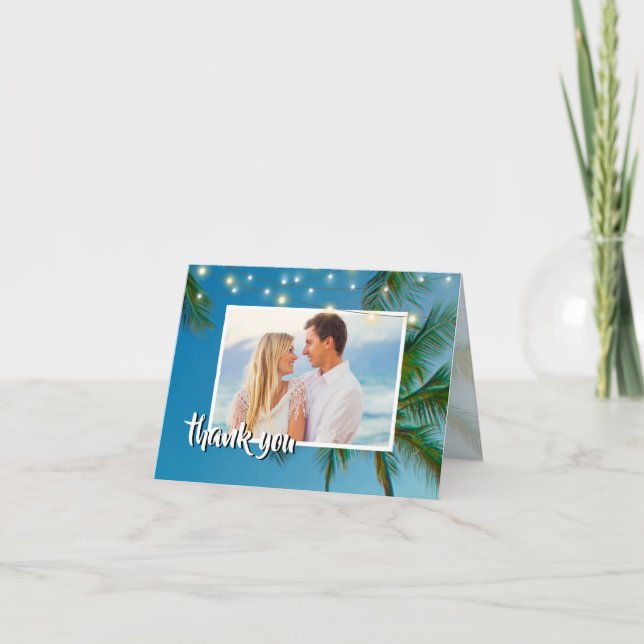 Tarjeta De Agradecimiento Beach Photo Palms String Lights Boda Gracias (Anverso)