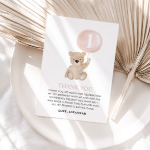 Tarjeta De Agradecimiento Bear 1er Bear Bear Balón Rosa