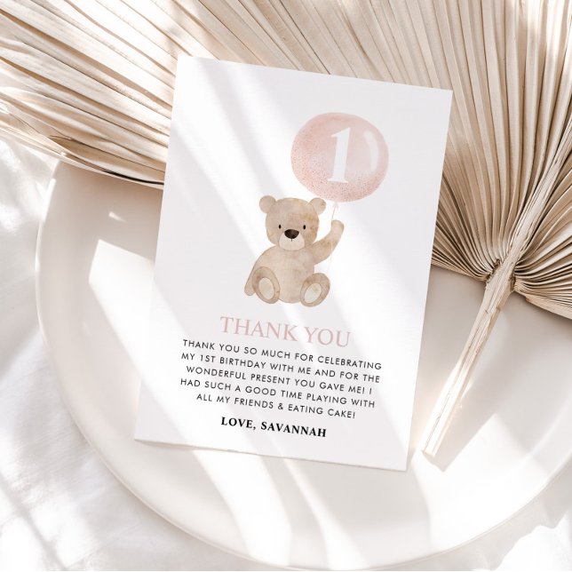 Tarjeta De Agradecimiento Bear 1er Bear Bear Balón Rosa (MATCHING 1ST BIRTHDAY ITEMS AVAILABLE)