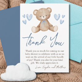 Tarjeta De Agradecimiento Bear Baby Shower, Baby Boy, Blue Hearts
