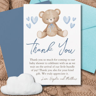 Tarjeta De Agradecimiento Bear Baby Shower, Baby Boy, Blue Hearts