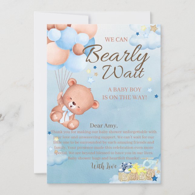 Tarjeta De Agradecimiento Bear Baby Shower Boy (Anverso)