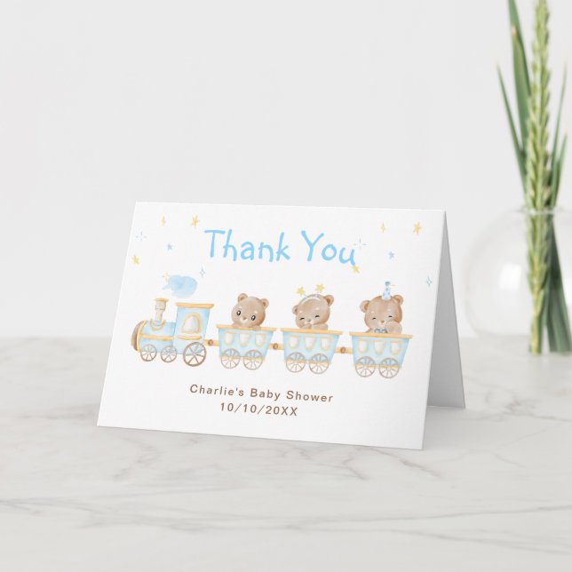 Tarjeta De Agradecimiento Bear Blue Train Baby Shower Gracias (Anverso)