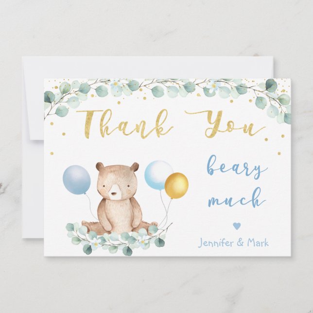 Tarjeta De Agradecimiento Bear Greenerenery Gold Blue Baby Shower Gracias (Anverso)