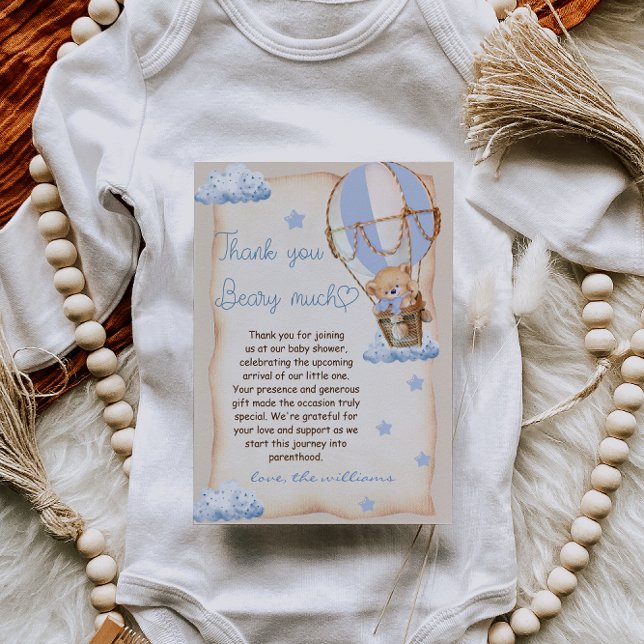 Tarjeta De Agradecimiento Bear Hot Air Balloon Baby Shower Blue Beige (Subido por el creador)