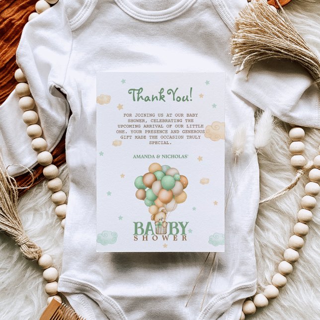 Tarjeta De Agradecimiento Bear Light Green Balloons Baby Shower Gracias (Subido por el creador)
