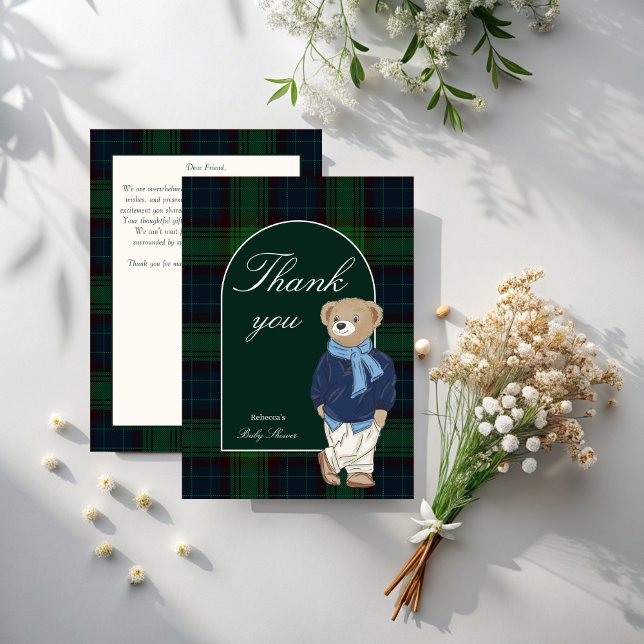 Tarjeta De Agradecimiento Bear wait classic plaid baby (Bearly wait classic plaid teddy bear baby shower thank you cards)