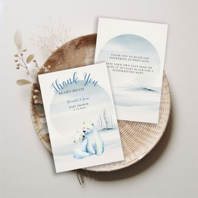 Tarjeta De Agradecimiento Bear Wait Polar Mama Bear Cub Baby Boy Shower (winter boy baby shower bearly wait polar bear mama cub watercolor cute adorable thank you card)
