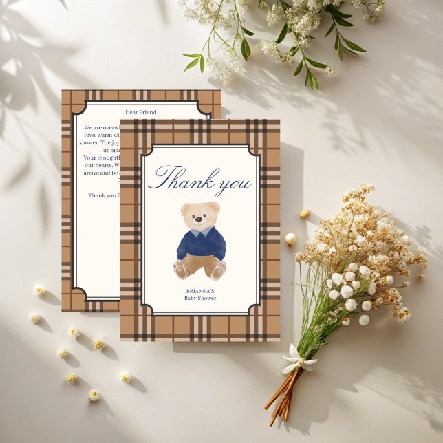 Tarjeta De Agradecimiento Bearly wait clásico plaid teddy oso bebé ducha (Bearly wait classic brown plaid teddy bear baby shower thank you cards)