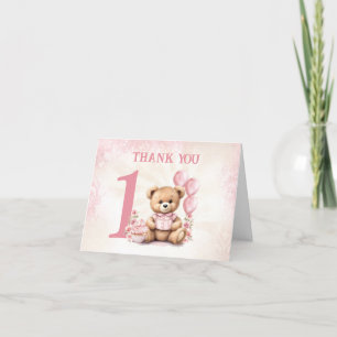 Tarjeta De Agradecimiento Beary 1 cumpleaños número rosa globos Teddy Bear