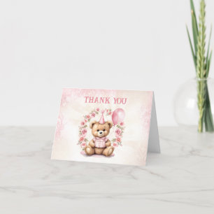 Tarjeta De Agradecimiento Beary 1 cumpleaños rosas rosadas Teddy Bear