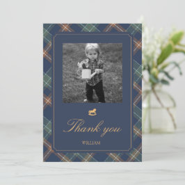 Tarjeta De Agradecimiento Beary First Navy Plaid Teddy Bear Birthday