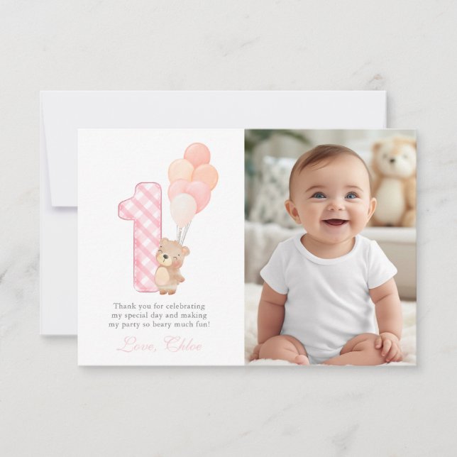 Tarjeta De Agradecimiento Beary First Teddy Bear Chica Birthday Party invita (Anverso)