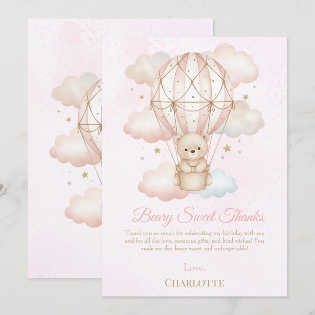 Tarjeta De Agradecimiento Beary Sweet Hot Air Balloon 1st Birthday  (Anverso / Reverso)