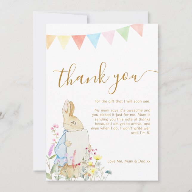 Tarjeta De Agradecimiento Beatriz Peter the Rabbit Woodland Baby Shower (Anverso)