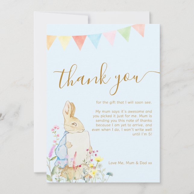 Tarjeta De Agradecimiento Beatriz Peter the Rabbit Woodland Baby Shower (Anverso)