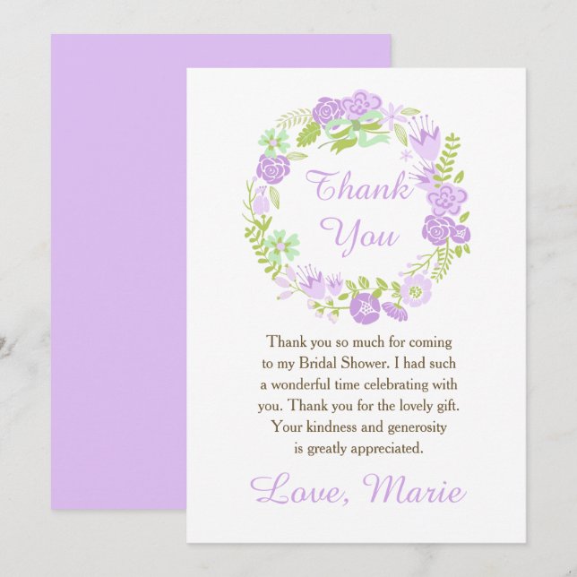 Tarjeta De Agradecimiento Beautiful Purple Floral Wreath Bridal Shower (Anverso / Reverso)