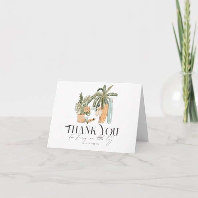 Tarjeta De Agradecimiento Bebé a bordo Palm Tree Surfboard Baby Shower (Anverso)