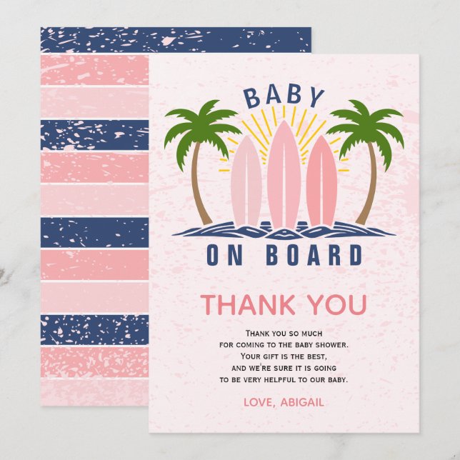 Tarjeta De Agradecimiento Bebé a bordo surf salpicón de bebé rosa ducha (Anverso / Reverso)