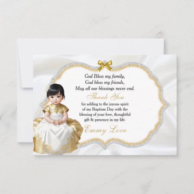 Tarjeta De Agradecimiento Bebé asiático bautismo cristiano gracias (Anverso)