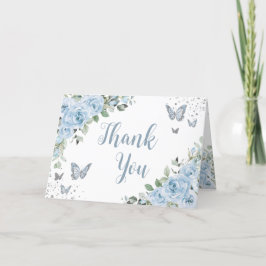 Tarjeta De Agradecimiento Bebé Azul Floral Mariposas Plata Quinceañera