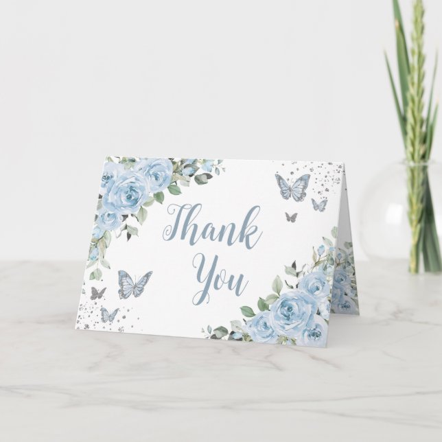 Tarjeta De Agradecimiento Bebé Azul Floral Mariposas Plata Quinceañera (Anverso)