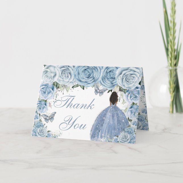 Tarjeta De Agradecimiento Bebé Azul Floral Quinceañera Brown Princess (Anverso)