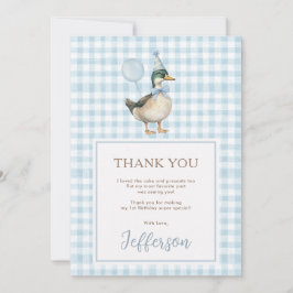 Tarjeta De Agradecimiento Bebé Azul Un Pato Afortunado Primer cumpleaños