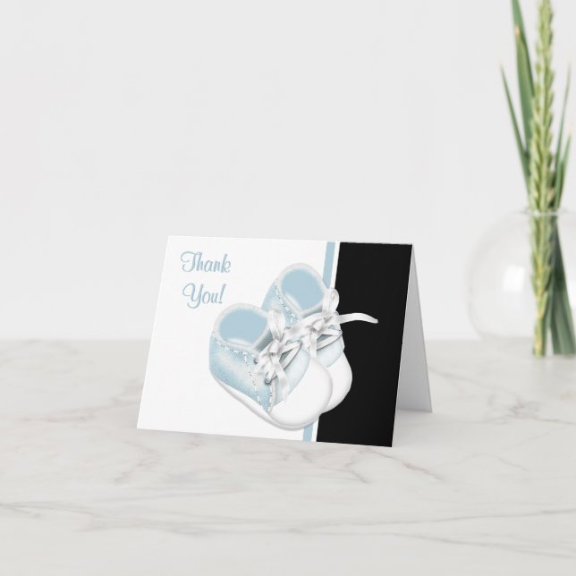 Tarjeta De Agradecimiento Bebé Azul Zapatos Gracias Cartas (Anverso)