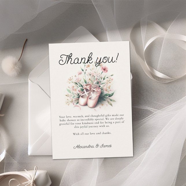 Tarjeta De Agradecimiento Bebé Ballerina Shoes Wildflower Ribbon Chica Ducha (ballerina baby shower thank you card girl ballet shoes wildflowers watercolor cute adorable girl)