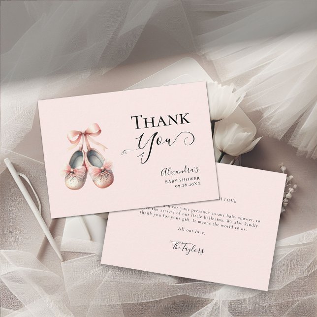 Tarjeta De Agradecimiento Bebé Ballerina Zapatos Chica Bow Rosa (ballerina baby shower thank you card baby ballet shoes watercolor elegant calligraphy coral pink)
