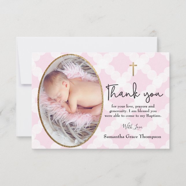 Tarjeta De Agradecimiento Bebé Baptismo Christening Pink White Gracias (Anverso)