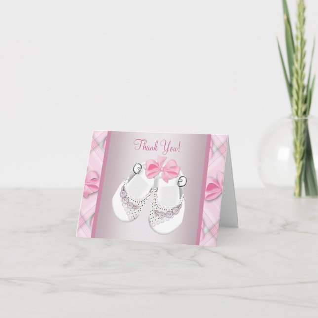 Tarjeta De Agradecimiento Bebé Blanco Rosa Zapatos Bebé Muchacha Gracias Car (Anverso)