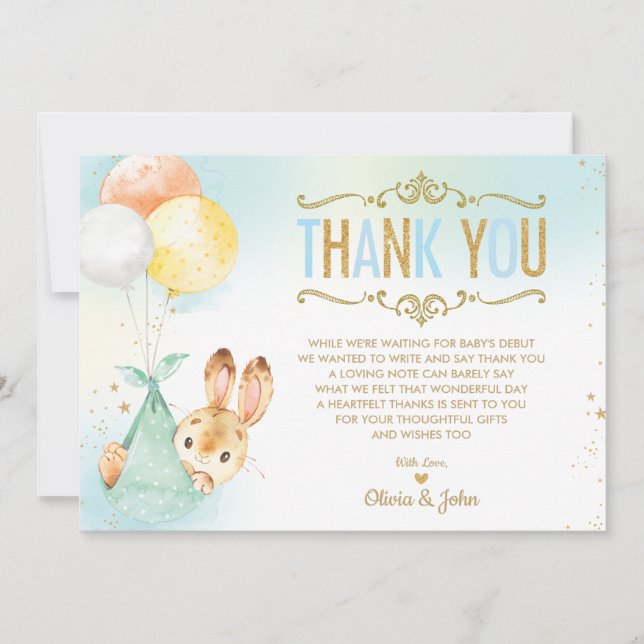 Tarjeta De Agradecimiento Bebé Bunny Balloons Baby Shower Sprinkle (Anverso)