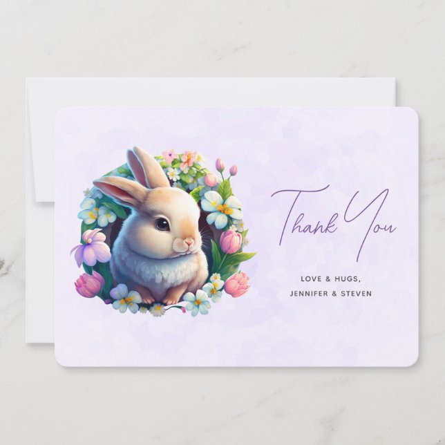 Tarjeta De Agradecimiento Bebé conejo en las flores de primavera (Anverso)