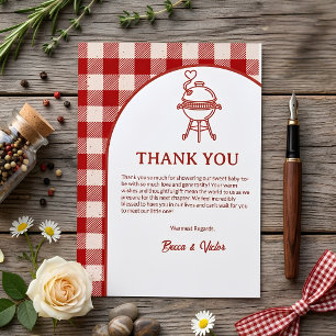 Tarjeta De Agradecimiento Bebé de Gingham Rojo Q Barbacoa Baby Shower