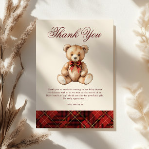 Tarjeta De Agradecimiento Bebé de Oso de Peluche de Cuadros Rojos Vintage Sh