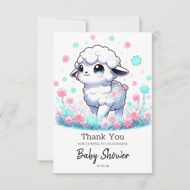 Tarjeta De Agradecimiento Bebé de Oveja Encantada - Fiesta de Shower (Anverso)