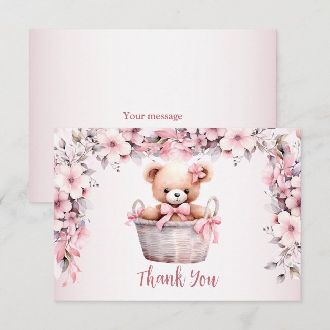 Tarjeta De Agradecimiento Bebé de peluche Niña Flores rosadas Fiesta elegant (Anverso / Reverso)