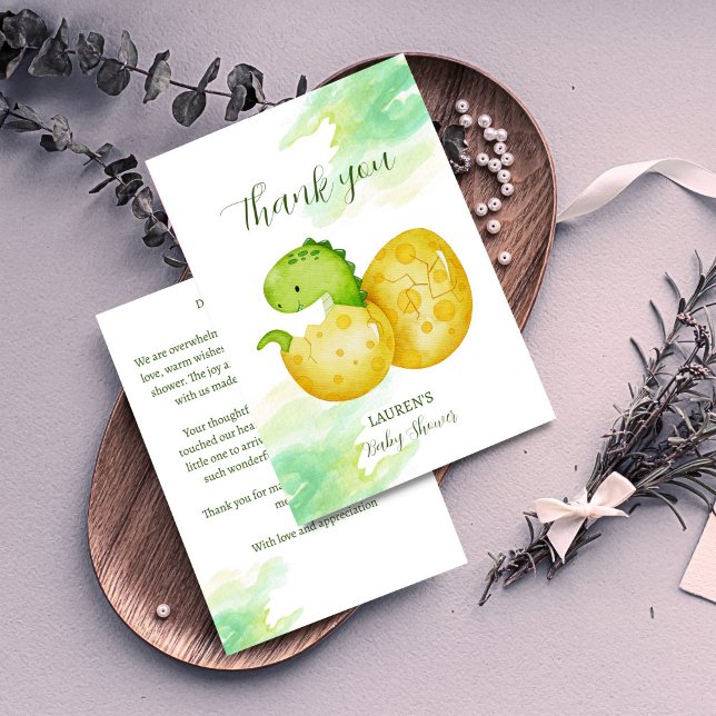Tarjeta De Agradecimiento Bebé dinosaurio verde lindo que eclosiona pronto (Hatching soon cute green baby dinosaur baby shower thank you cards)