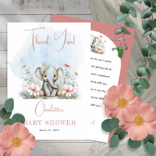 Tarjeta De Agradecimiento Bebé dulce Elefante Chica Floral Rosa Baby Shower
