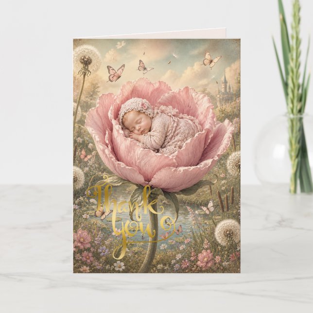 Tarjeta De Agradecimiento Bebé durmiendo en flor rosa  (Anverso)
