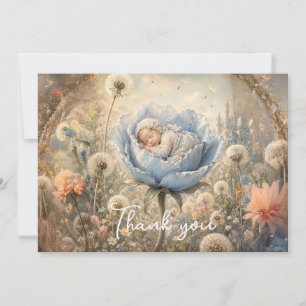 Tarjeta De Agradecimiento Bebé durmiendo flores de diente de león azules
